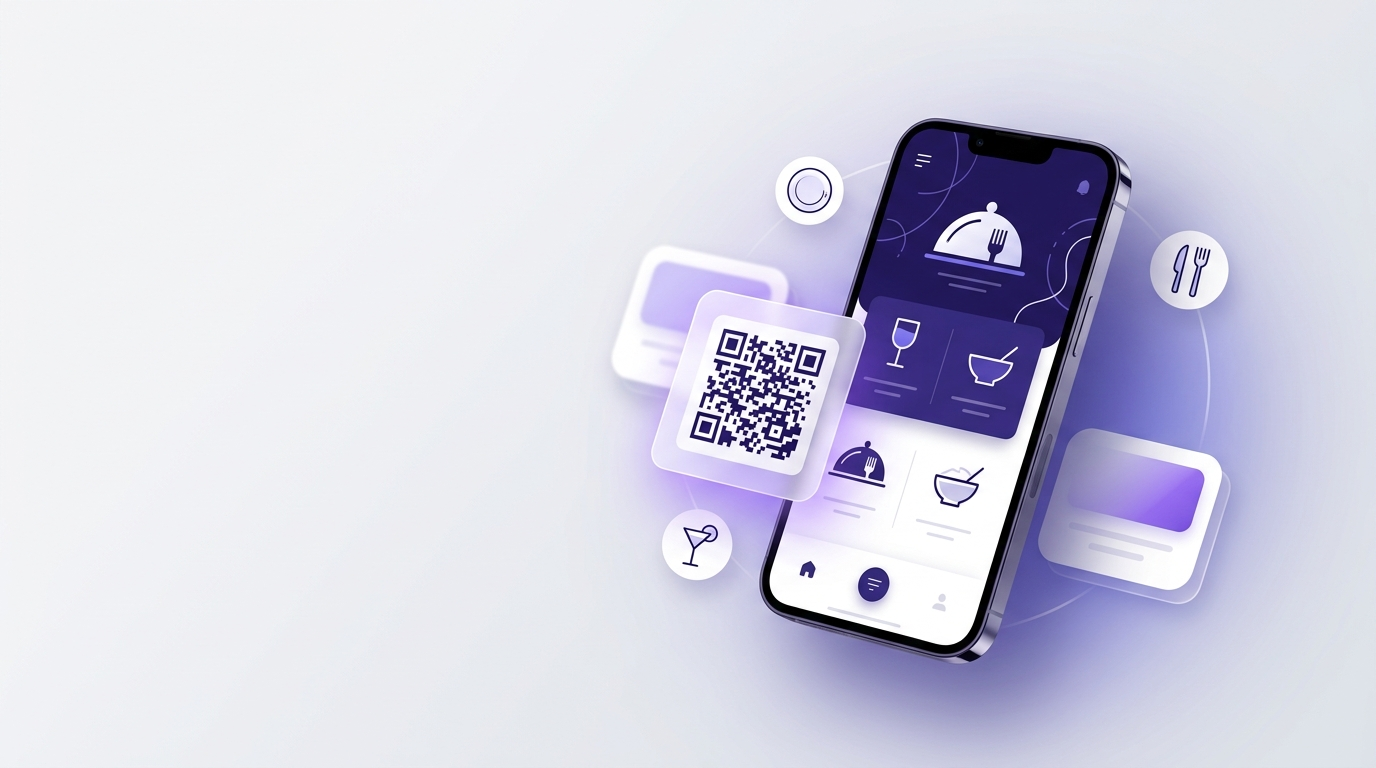 هاتف يعرض قائمة طعام رقمية لمطعم مع رمز QR